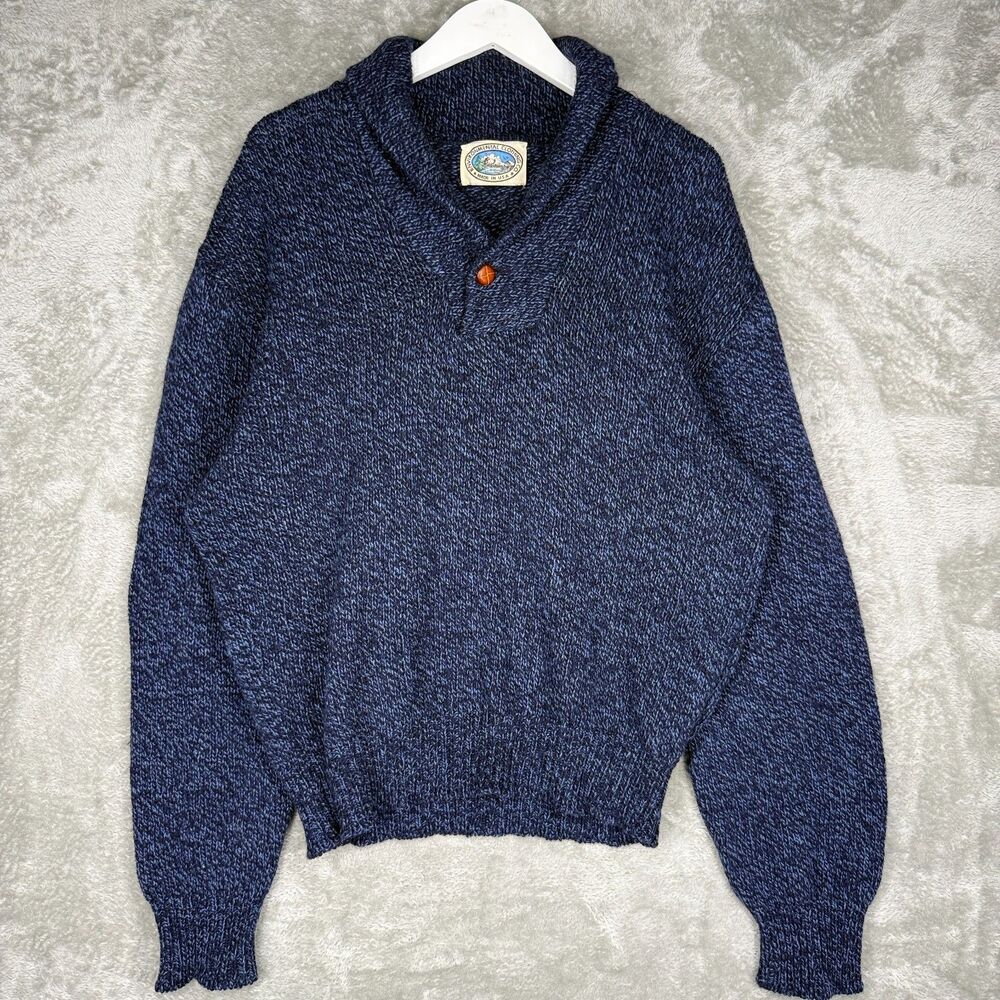 Vtg Environmental Clothing Sweater Mens XL Wool Blue Chunky Knit Shawl Neck USA